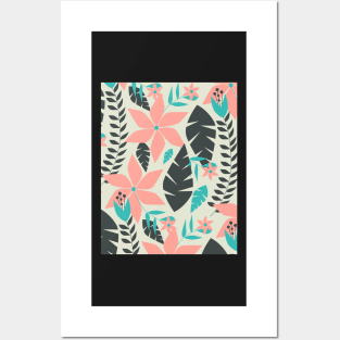 Coral pink flowers and leaves Posters and Art